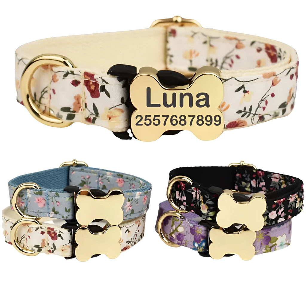 Flat nylon dog collar with a printed grid pattern and a bone-shaped buckle.