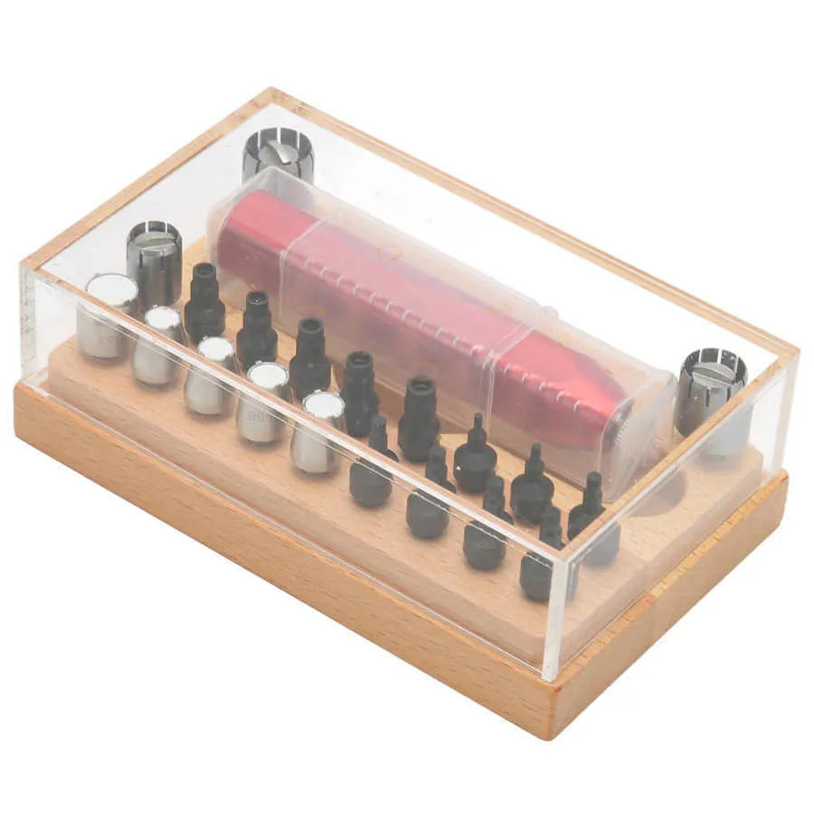 20-piece steel watch repair open tube set with barrel-opening tool in compact storage case