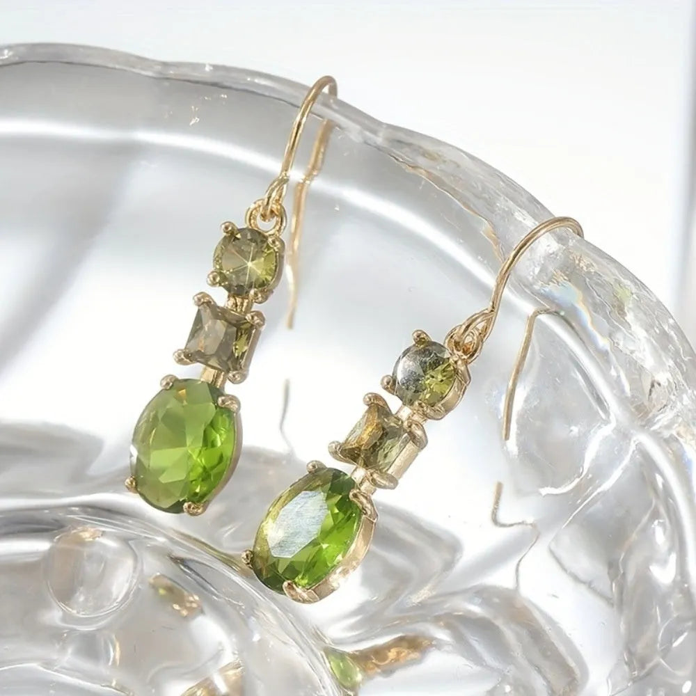 Green geometric copper earrings with quadrilateral shape and retro bohemian style