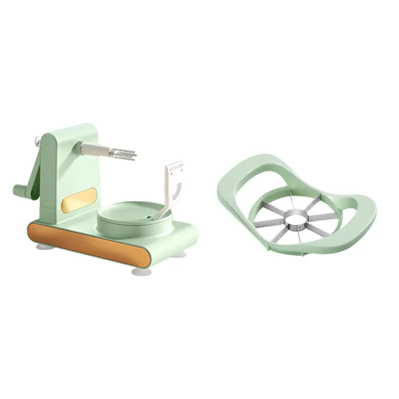Hand-cranked peeler machine with suction base and fruit return button in light green, ABS plastic and metal