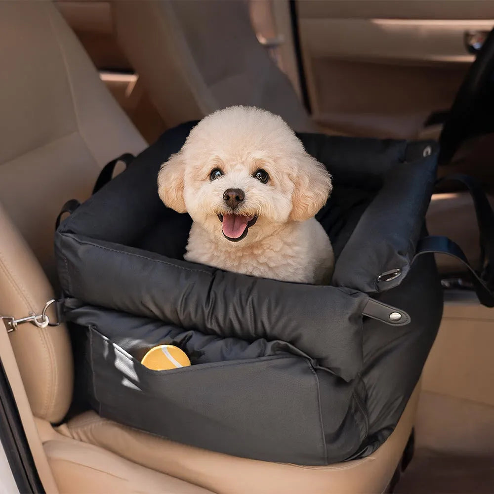 Green waterproof PU leather dog car nest with removable cover, shown on a car seat.