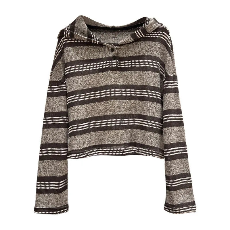 Striped button hooded long sleeve knitwear for women, loose fit, short 40cm length, Dark Coffee colour