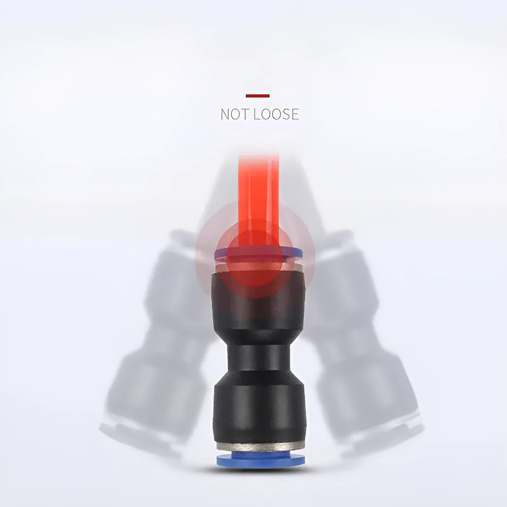 Blue Jinqi pneumatic straight through quick connector for PU tubing sizes 4mm to 16mm.