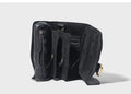Handmade vintage cowhide leather wallet in black showing tape extraction closure