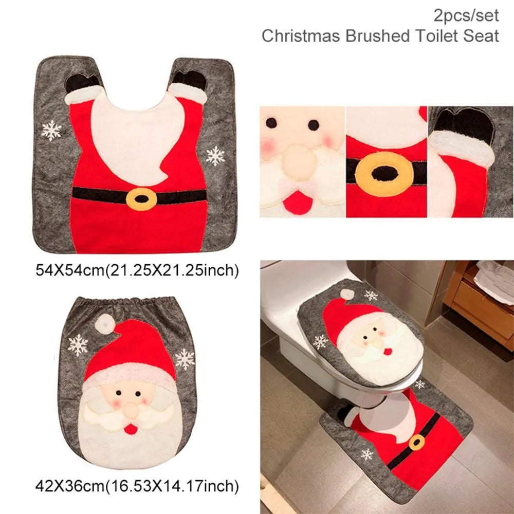Christmas bathroom decoration set with flannel fabric toilet cover, floor mat, and Santa Claus design
