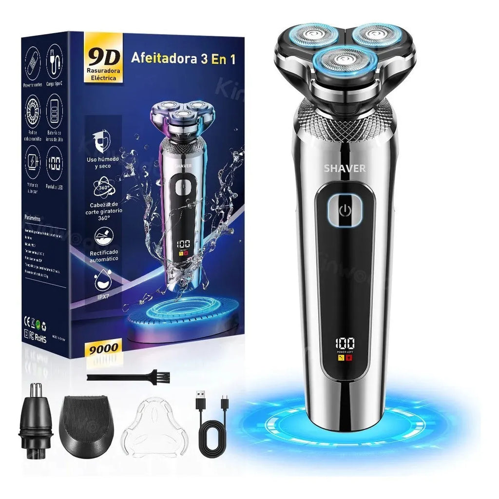 Digital USB rechargeable beard trimmer with LED display on its five-in-one charging base.