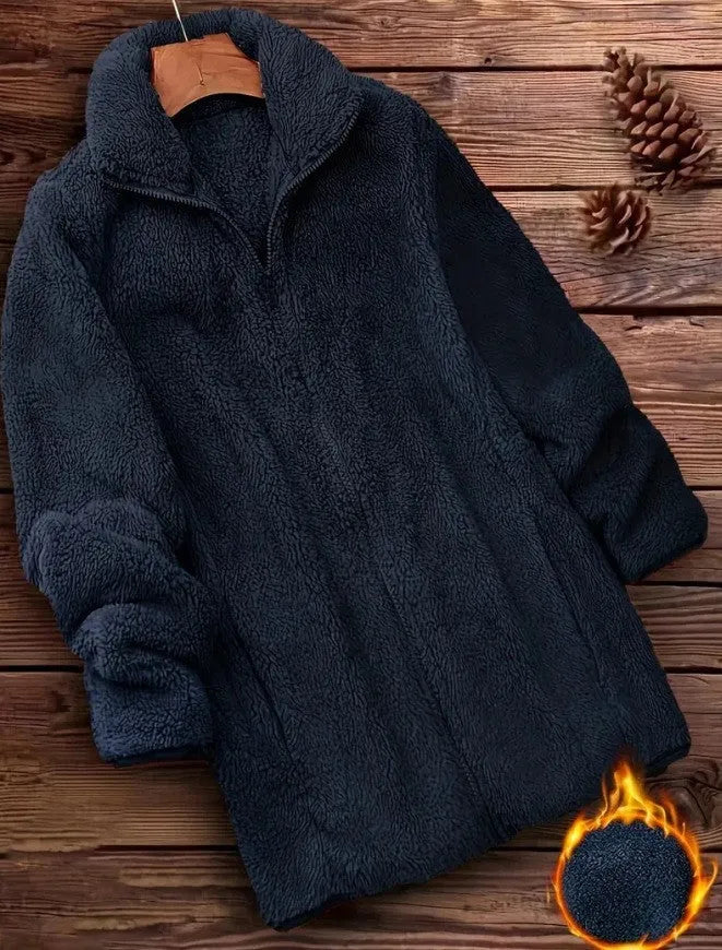 Double-sided velvet fleece coat in black, navy blue and khaki colour options showing soft texture and practical outdoor design