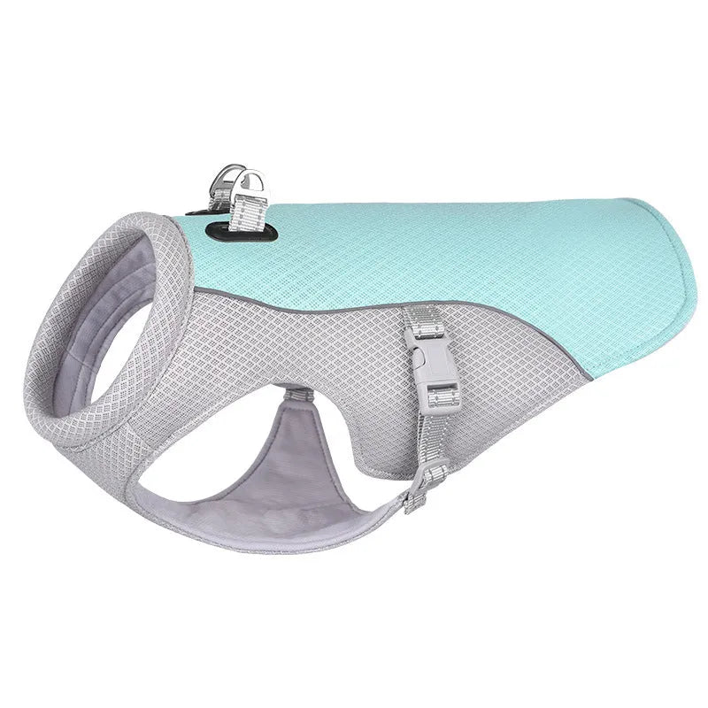 Dog wearing orange cooling vest with heat reflective outer layer and UV protection, designed for outdoor walks in summer
