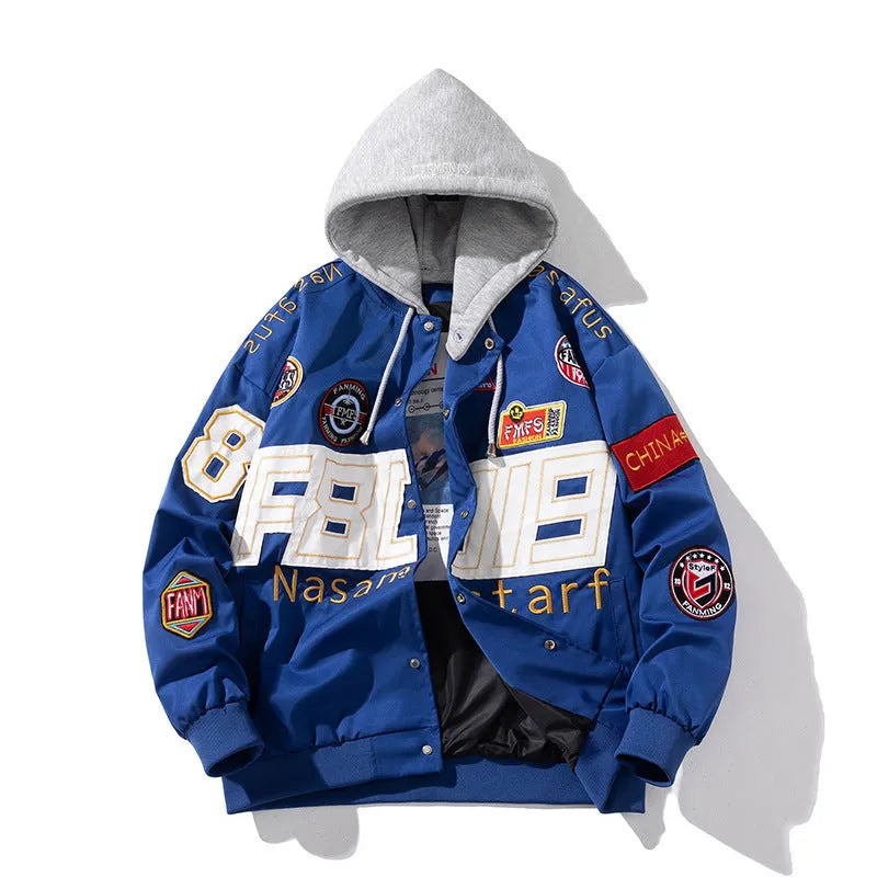 Black cotton-padded American motorcycle baseball jacket with a removable hood and side pockets.
