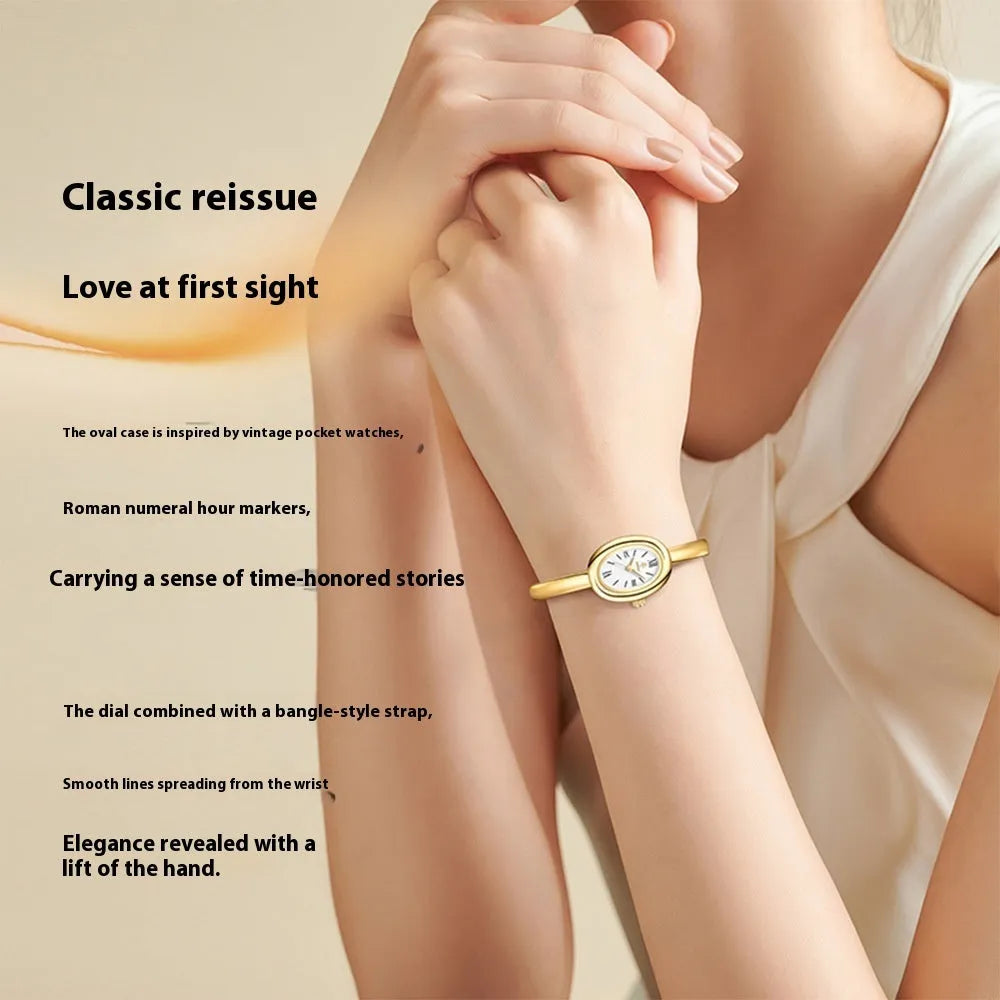 Women's retro oval quartz watch with 8mm thickness in gold colour variant
