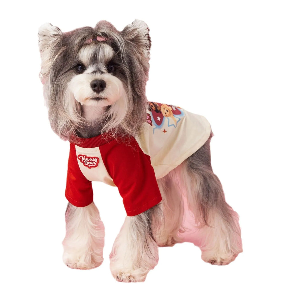 Red embroidered cotton dog summer vest showing contrast colour detailing and handsome styling