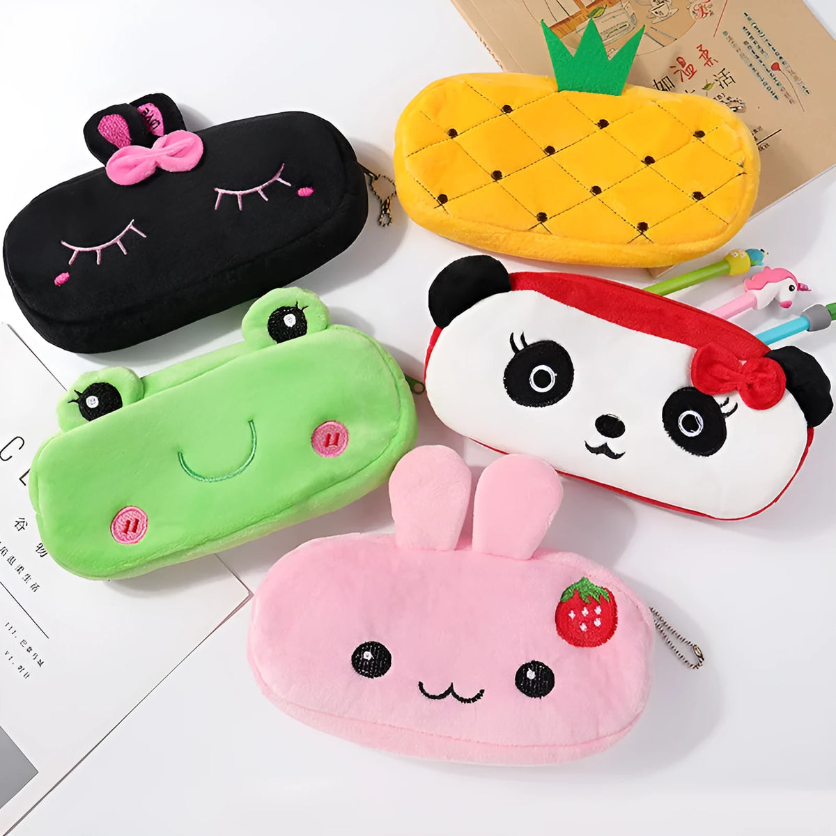 Plush square children's stationery bag with anime cartoon print for primary school, medium-soft pencil case