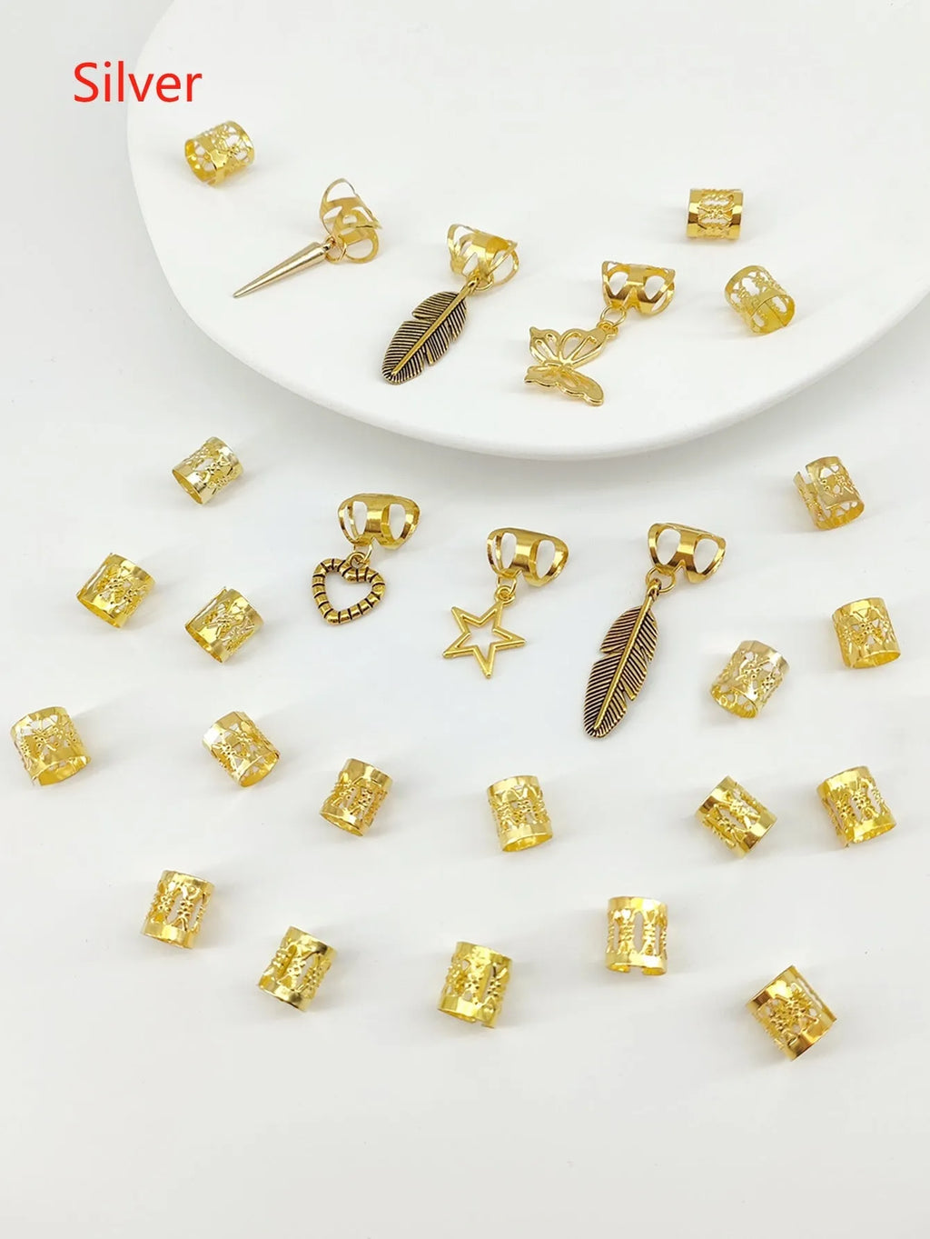 Set of 52 antique style alloy hair rings with leaf design in gold or silver for braiding