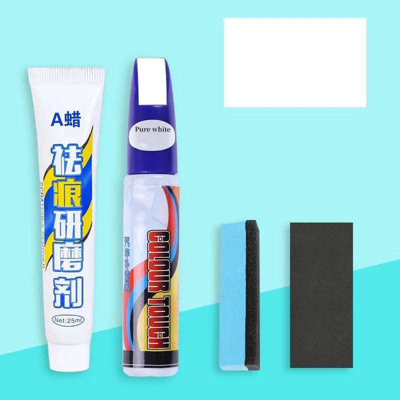 Automotive paint repair pen 4-piece set with touch-up paint, wax, sandpaper and sponge