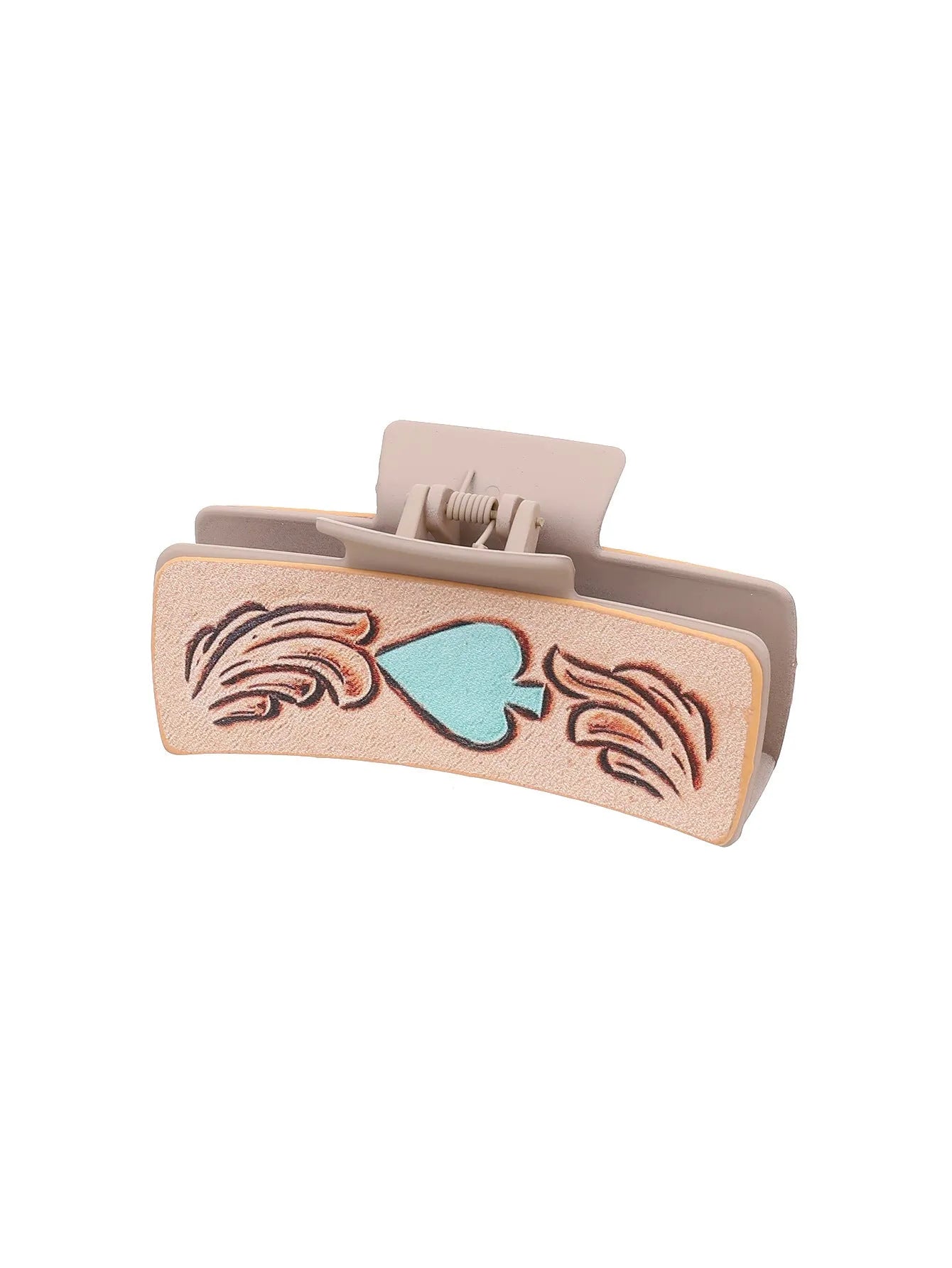 Gray artificial leather barrette with sunflower motif and denim style finish for ladies