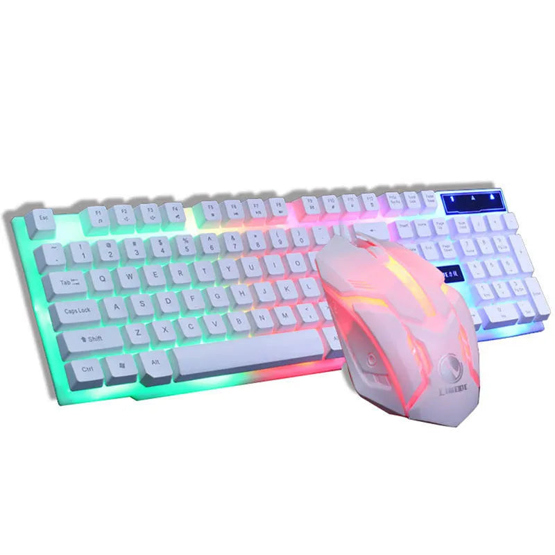 GTX300 black and white wired gaming keyboard and mouse set with coloured backlighting on a desk.