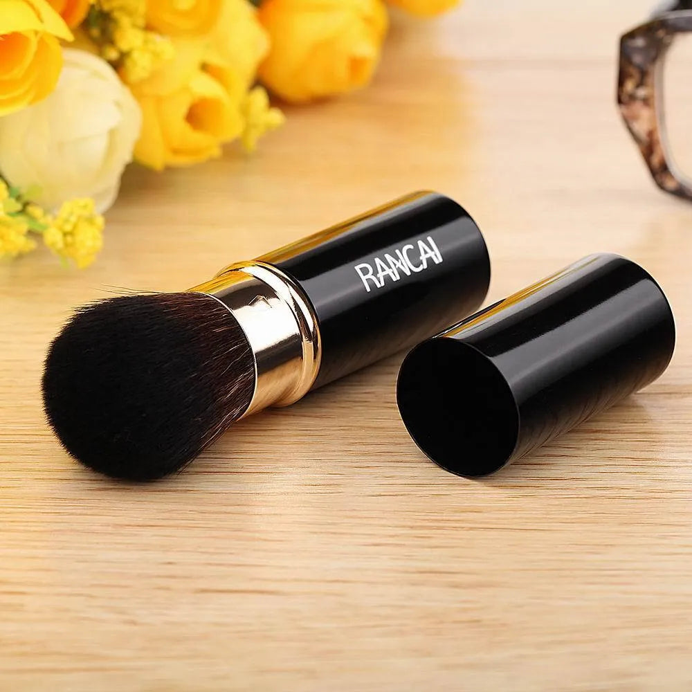 Single mini retractable makeup brush, 9cm aluminium tube, 2.3cm diameter, 3cm fibre wool bristles, black or red