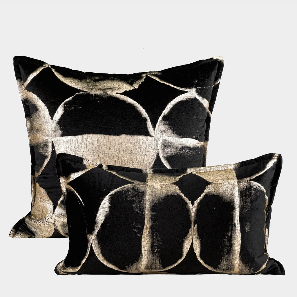 Abstract black and gold pattern decorative flannel cushion cover with zip, shown in three size options.