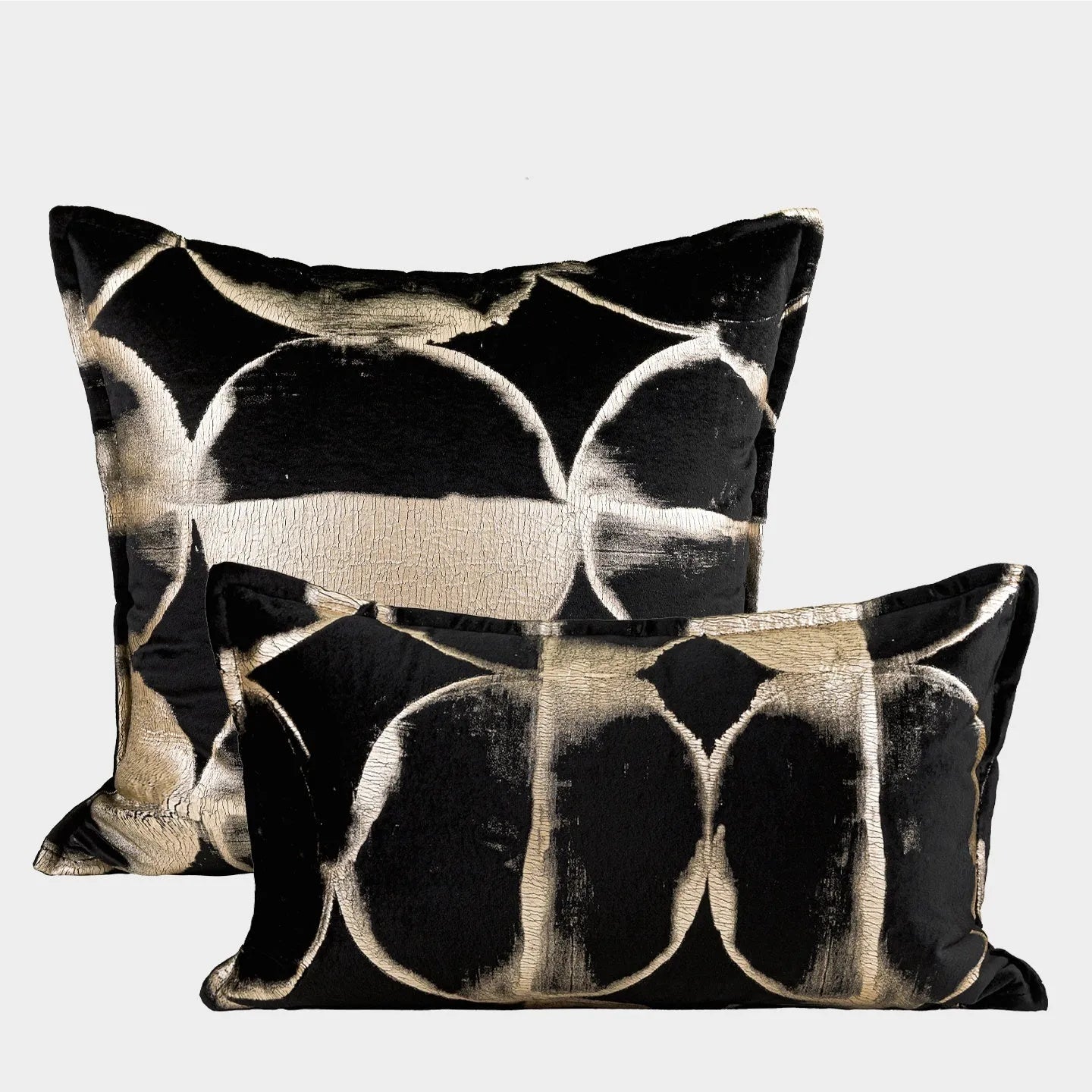 Abstract black and gold pattern decorative flannel cushion cover with zip, shown in three size options.