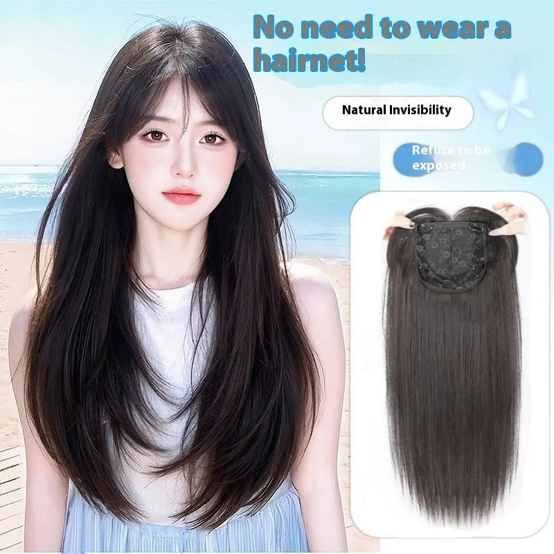 Full-head black straight layered synthetic wig with adjustable straps and natural-looking bangs