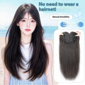 Full-head black straight layered synthetic wig with adjustable straps and natural-looking bangs