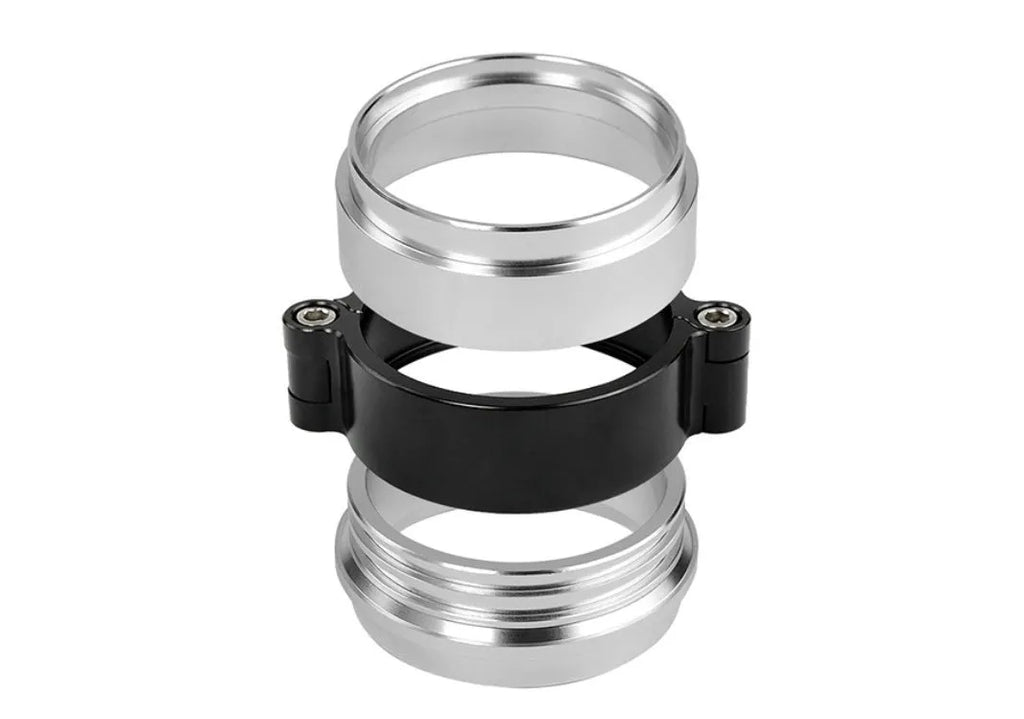 Aluminium fixed movement exhaust clamp in black, blue, or red for 2-inch to 4-inch downspouts.