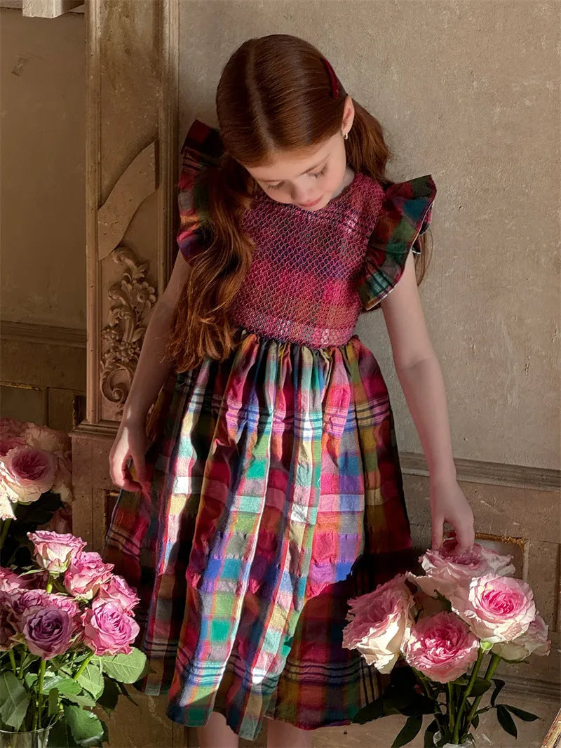 Cotton girls' retro plaid sleeveless dress in red plaid, suitable for height 100-140cm