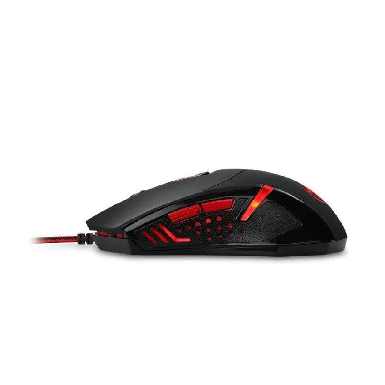 Black and red USB wired optical gaming mouse with ergonomic shape on a desk