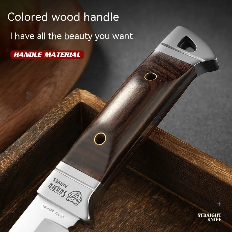 Camping multifunctional portable fruit knife with leather case, stainless steel construction
