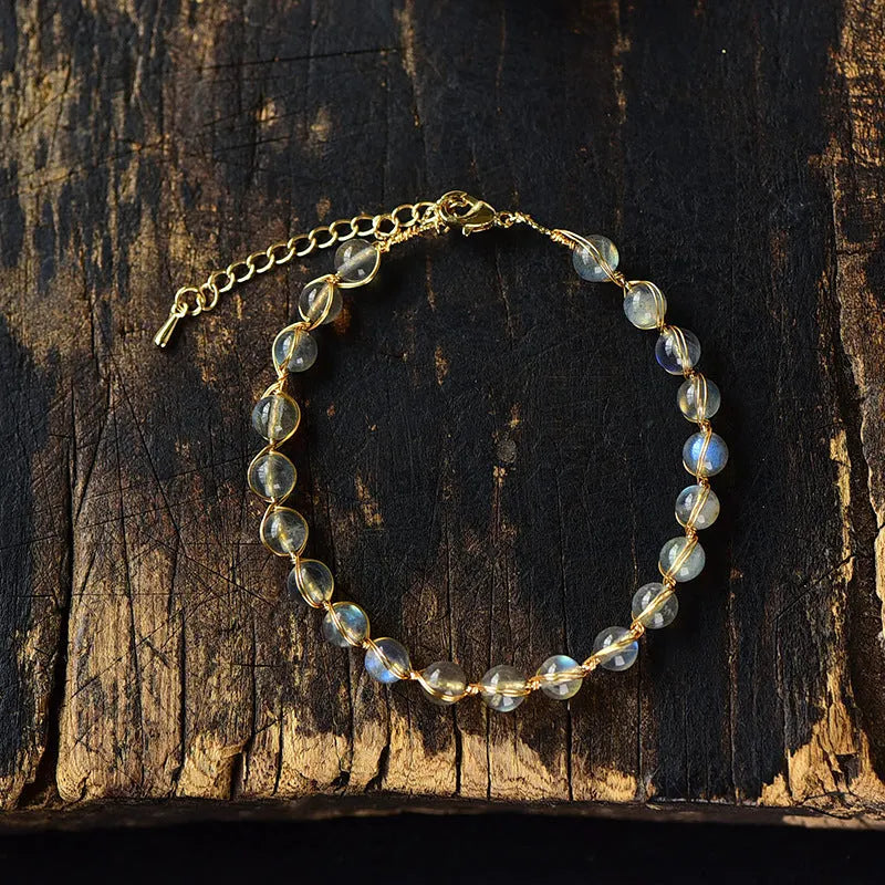 Crystal blue moonstone women's bracelet with 6mm natural stones and 14K gold-plated accents