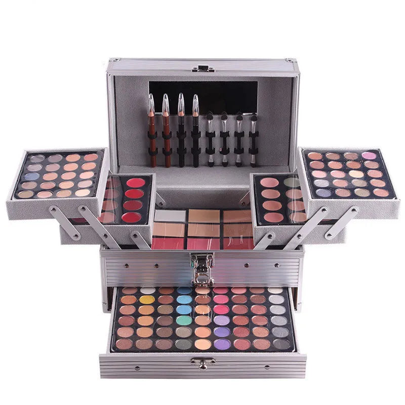Professional 94 colour eyeshadow palette makeup kit with matt and pearl shades, concealers, lipsticks, and applicators in a two-layer case