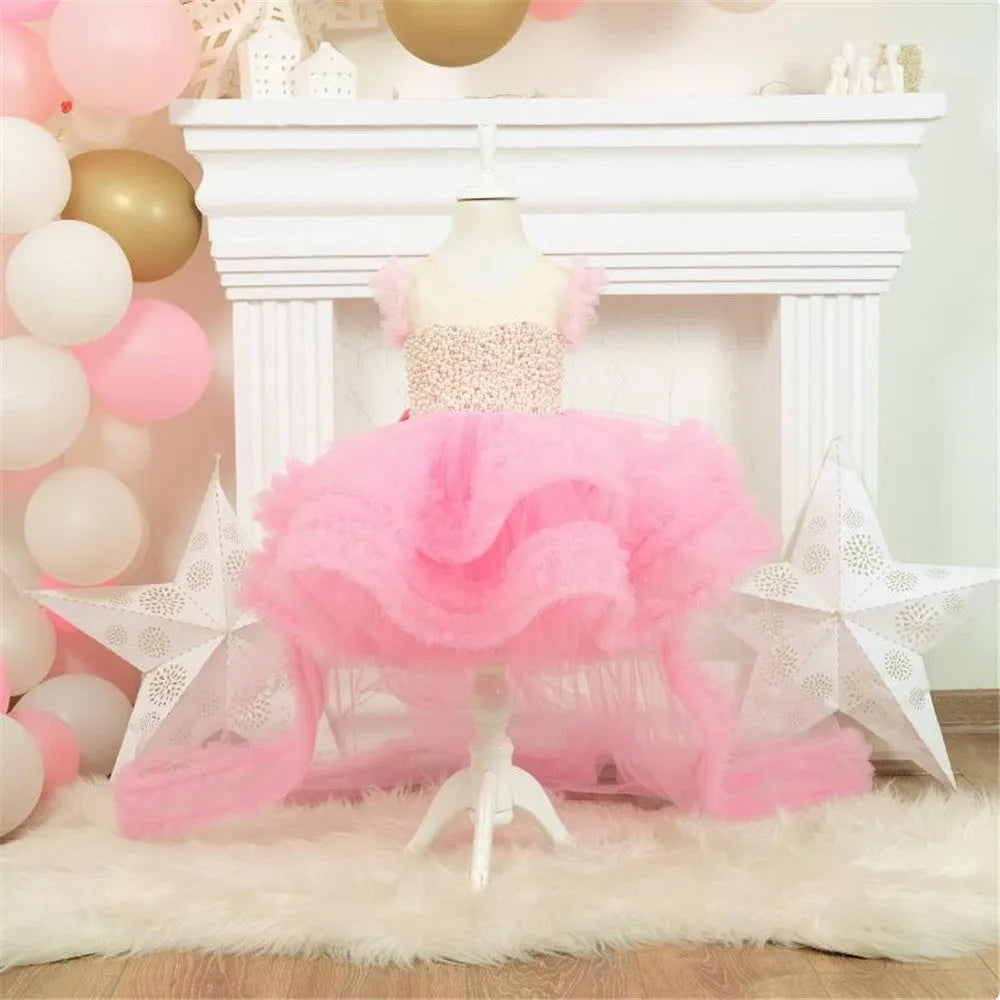 Girls linen princess dress in fairy mori style with small trailing host design, available in four colours and heights 80cm to 160cm.