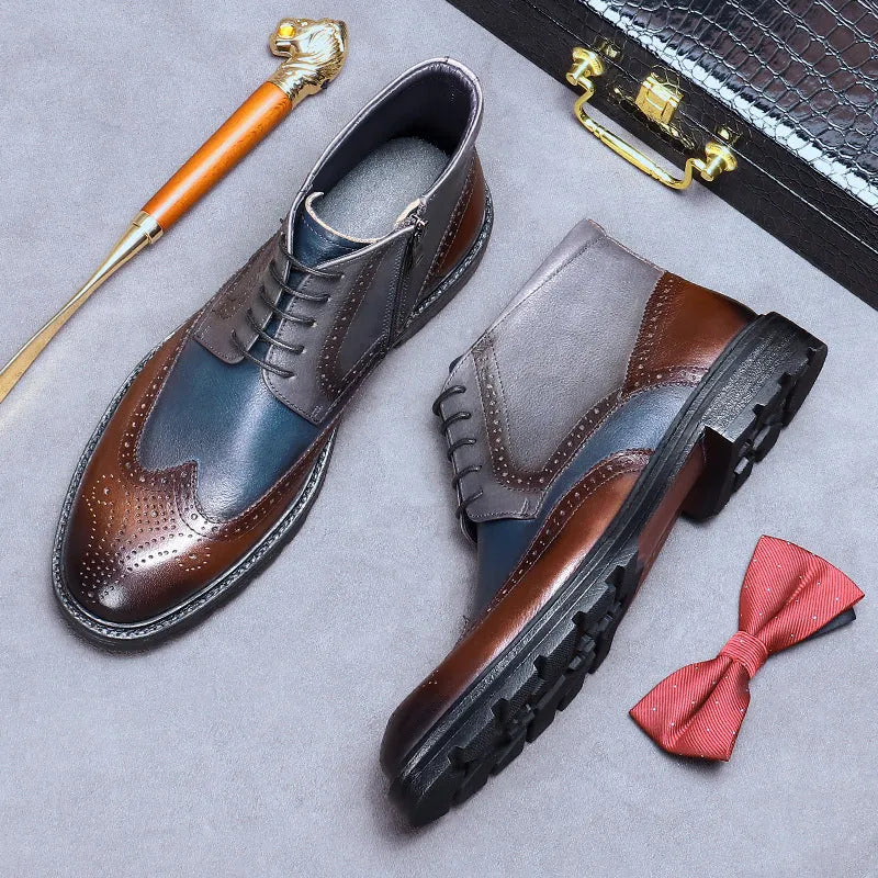 Men's coffee blue leather brogue boots with colour blocking and front lacing on a rubber sole.