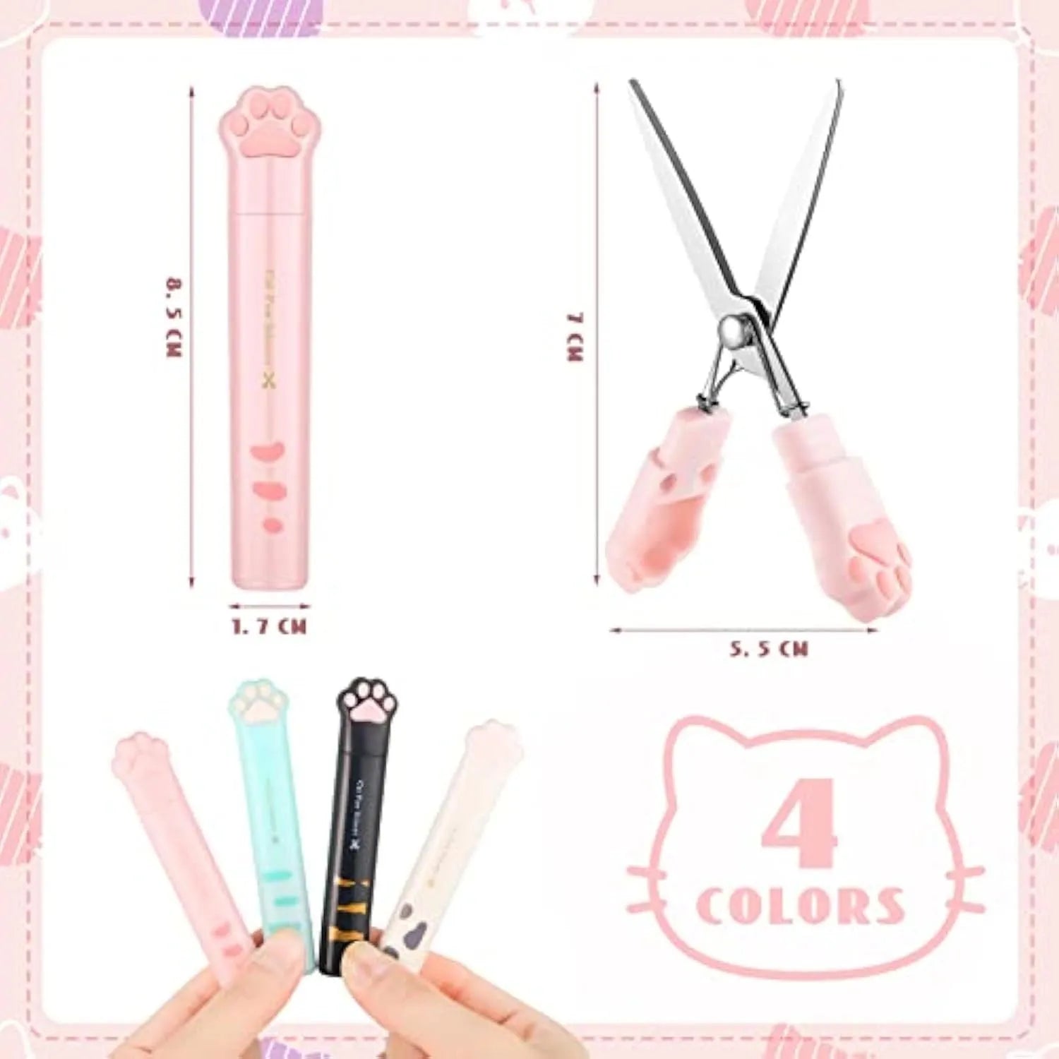 Cat paw design mini folding scissors with stainless steel blades shown open and closed