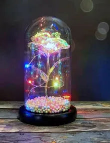 Glass dome eternal rose ornament with LED lights and gold flower for wedding or home decoration