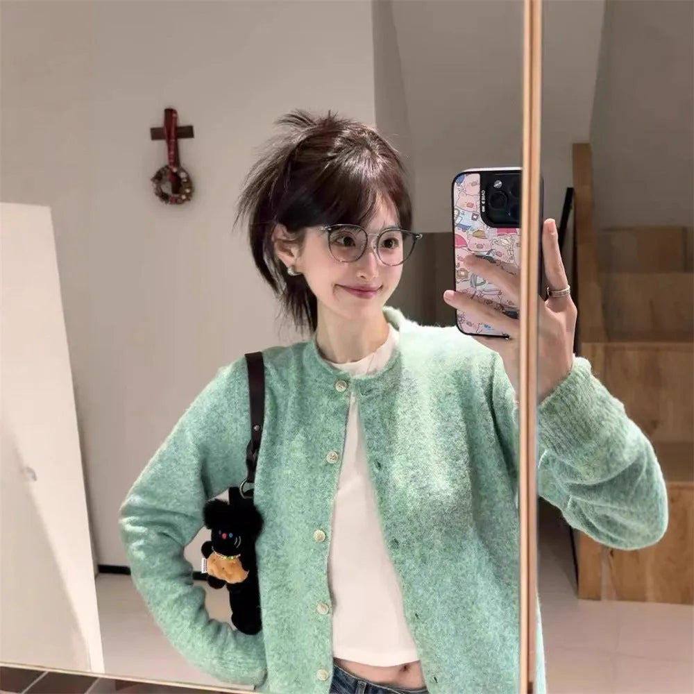 Loose cardigan top for women with splicing details in polyester knit fabric, free size, long sleeves