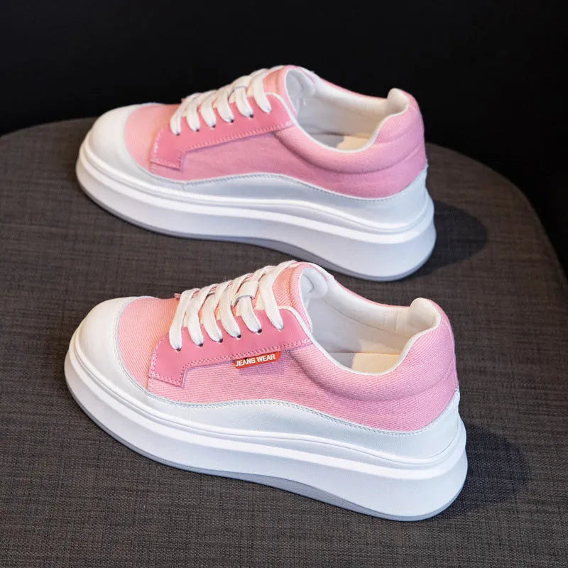 Women's pink leather board shoes with thick soles for height increase