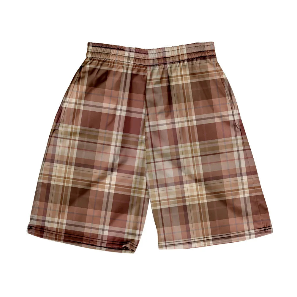Man wearing plaid print straight-leg shorts with an elastic waistband, showing multiple colour options.