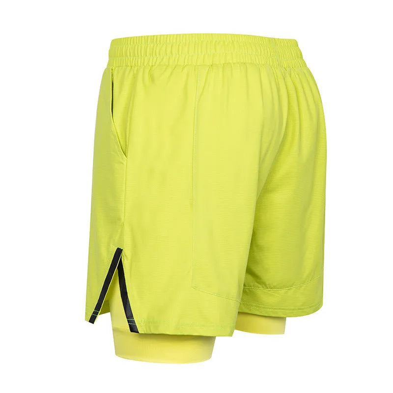 Men's plaid quick-drying sports shorts in polyester fabric shown in multiple colours.