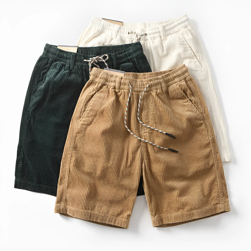 Man wearing khaki retro-style cargo shorts with straight leg and cargo pockets.