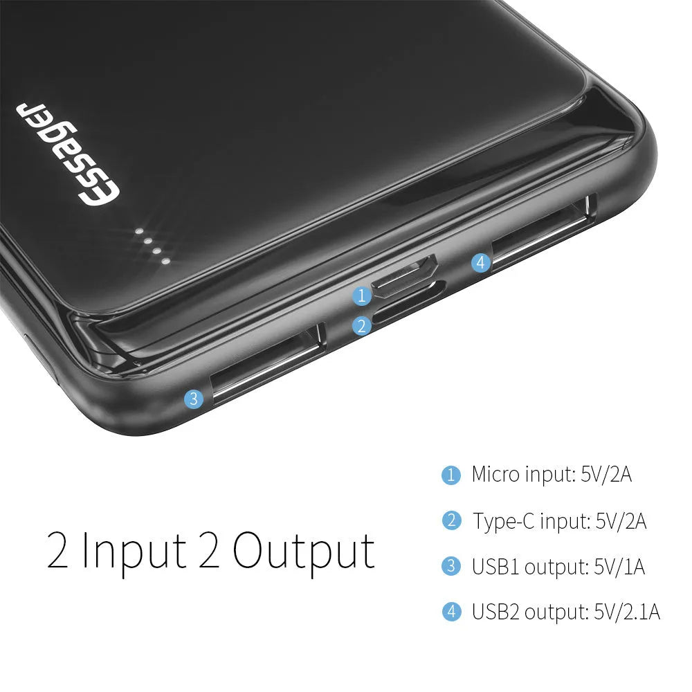 Essager Small Jane black and white 10000mAh portable power bank showing size and dual USB ports