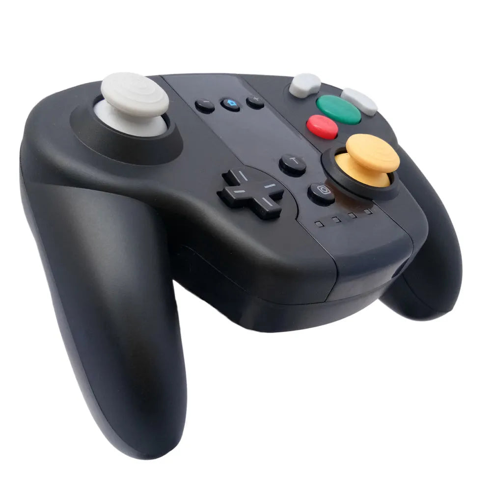 Black wireless gamepad for Nintendo Switch and PC with Bluetooth, NFC, and gyroscope functions.