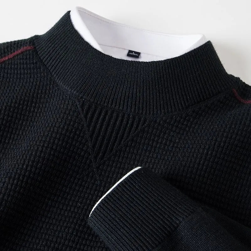Men's wavy patterned pullover sweater in light green with stand collar and cotton lining