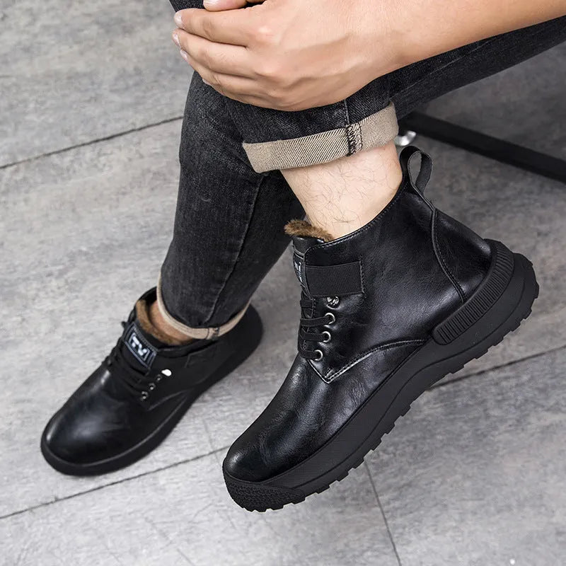Black and brown high-top platform Martin boots for men with artificial PU leather upper and rubber sole