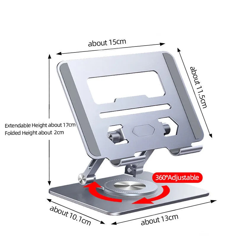 Folding tablet stand with 360-degree rotation in transparent plastic showing portrait orientation
