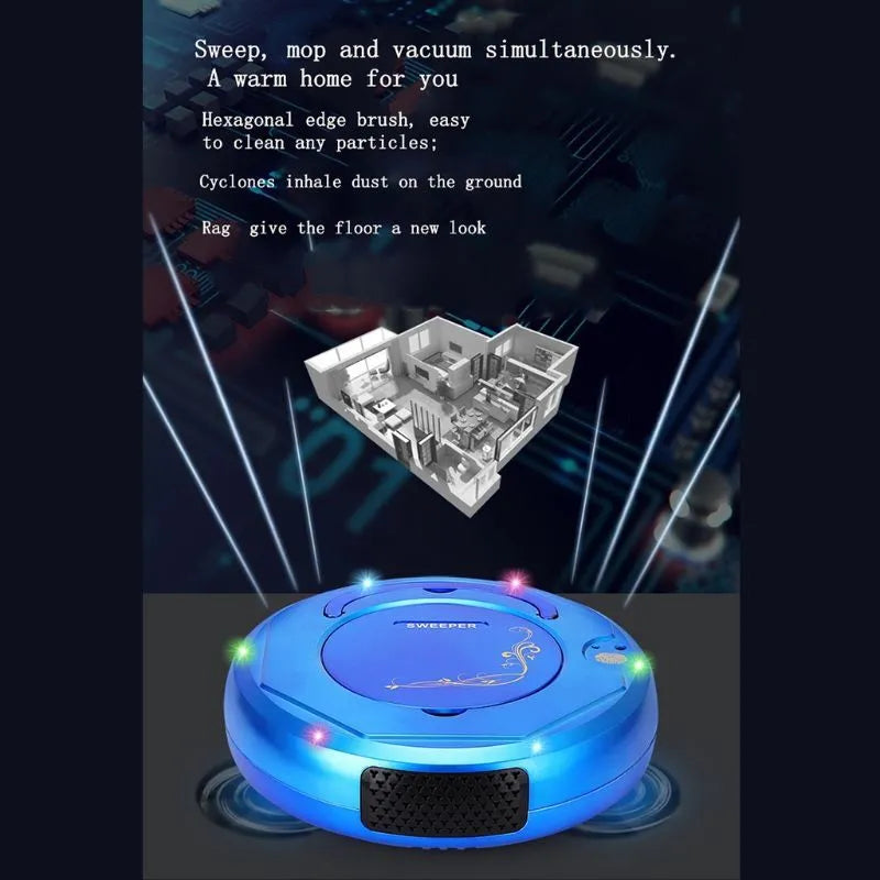 Floor sweeping robot vacuum cleaner in black, blue, or white colour options