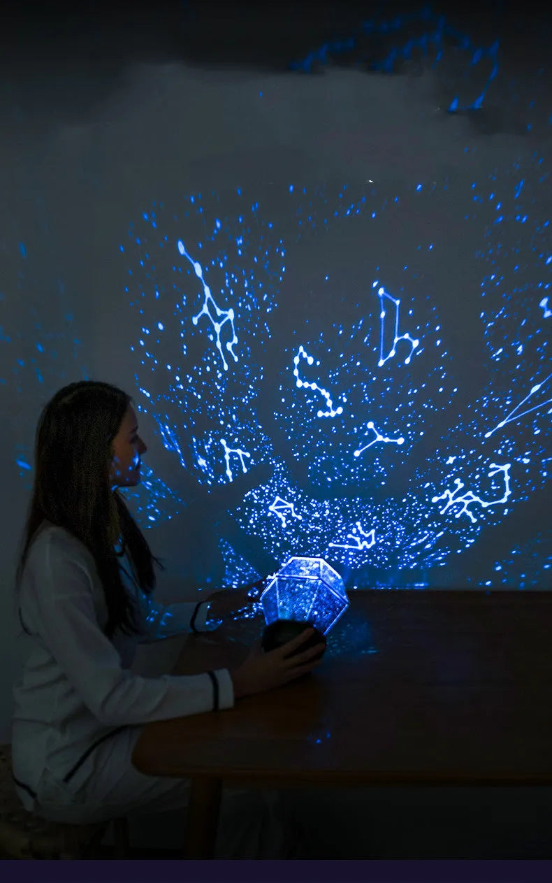 Children's rotating star night light projecting dreamlike starlight in a bedroom