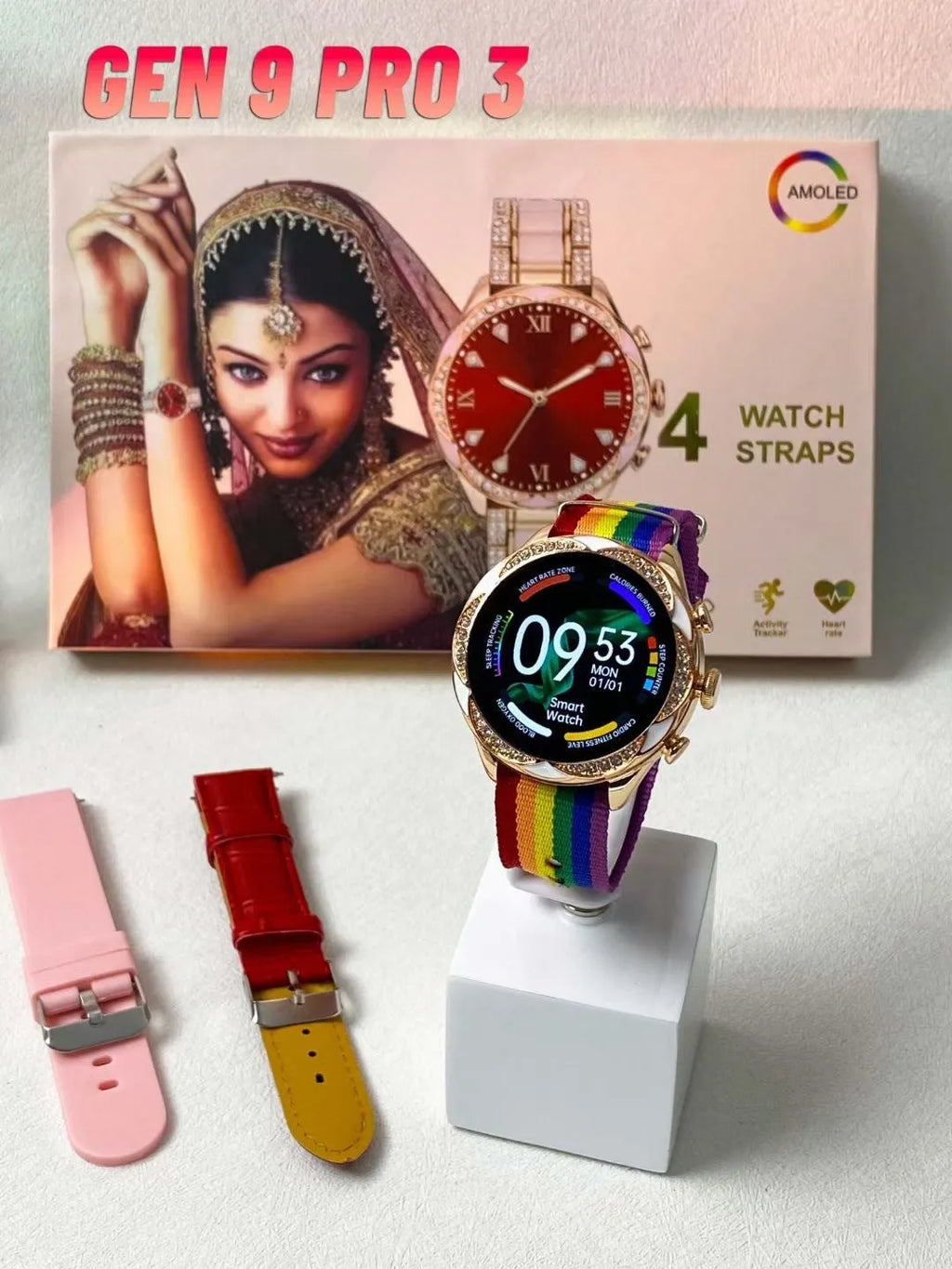 Ladies smartwatch with heart rate and blood pressure monitor, black colour, with four interchangeable watchband options