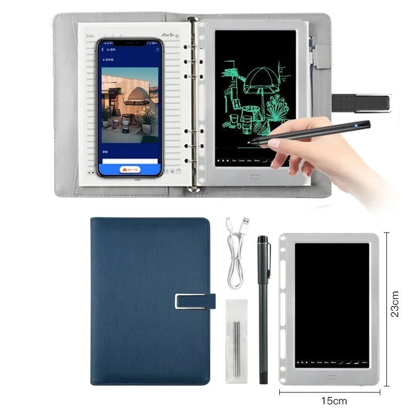 85-inch electronic writing pad with smart pen in black, dark blue, or sky blue stitching design.