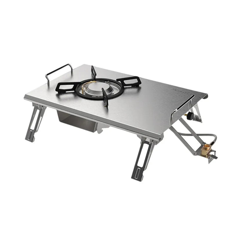 Portable foldable camping gas stove with ignition, isobutane mixture fuel, shown with beige or black IGT furnace belt bag